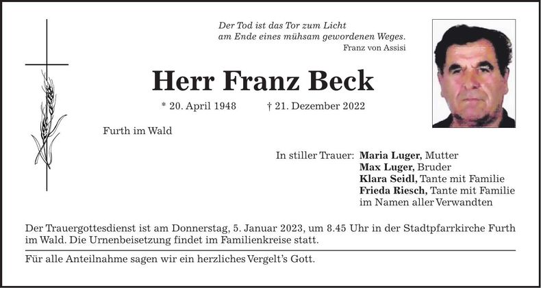 Traueranzeige Franz Beck