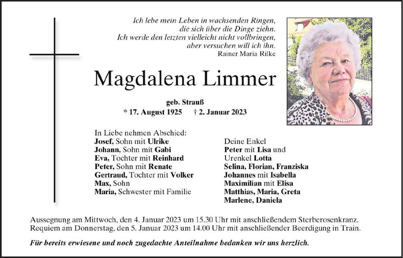 Traueranzeige Magdalena Limmer