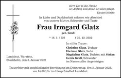 Traueranzeige Irmgard Glatz