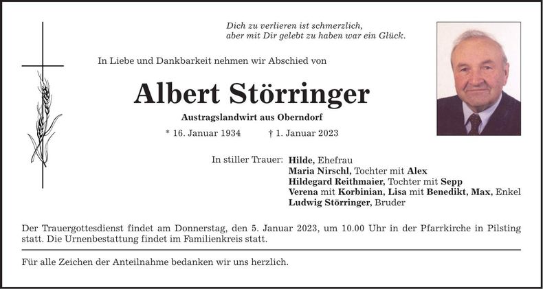 Traueranzeige Albert Störinger