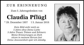 Traueranzeige Claudia Pflügl