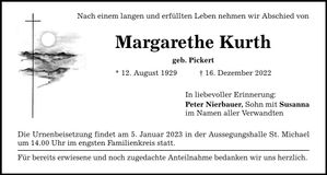 Traueranzeige Margarethe Kurth