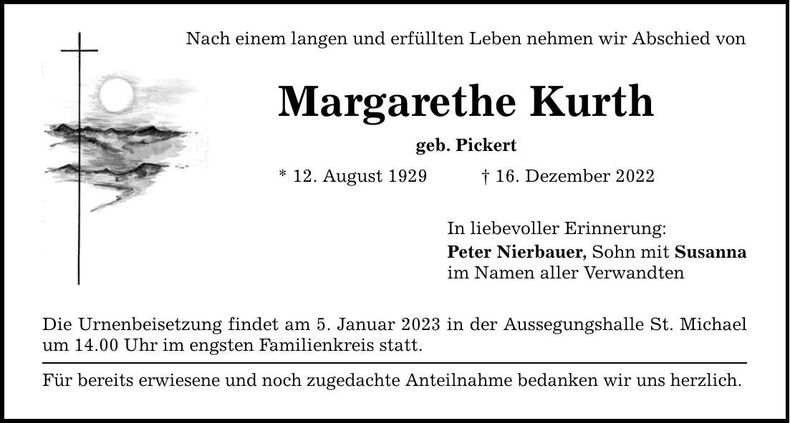 Traueranzeige Margarethe Kurth