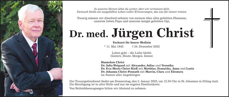 Traueranzeige Jürgen Dr. med. Christ