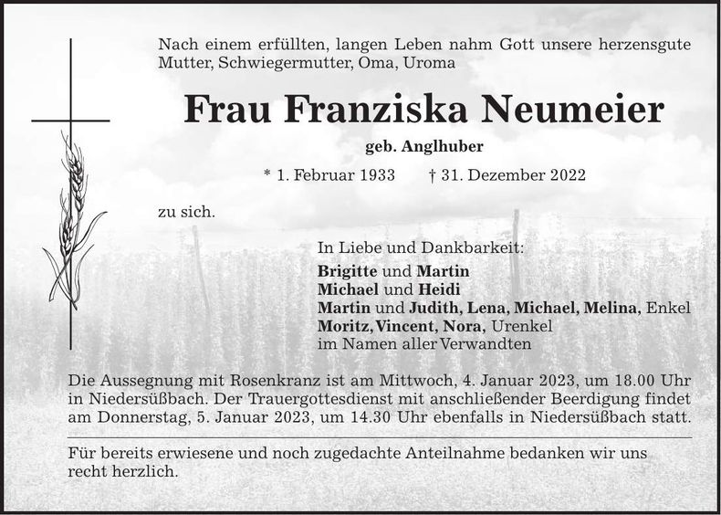 Traueranzeige Franziska Neumeier