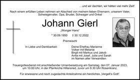 Traueranzeige Johann Gierl