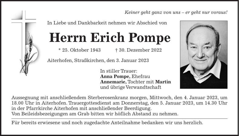 Traueranzeige Erich Pompe