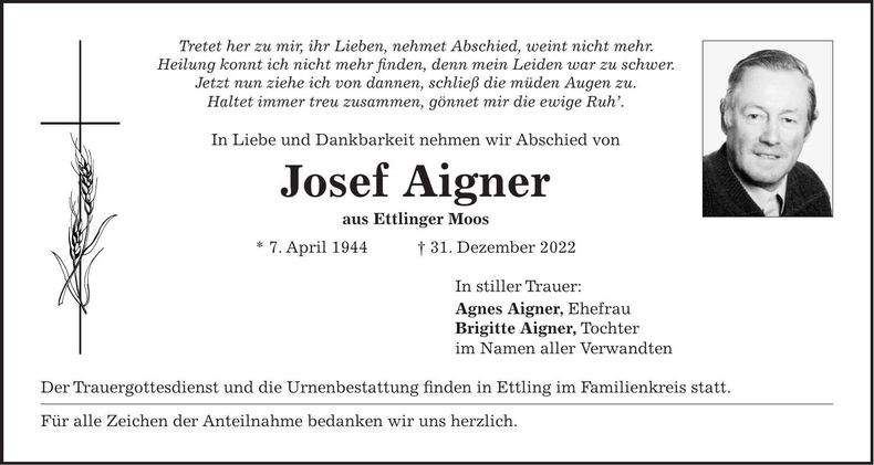 Traueranzeige Josef Aigner