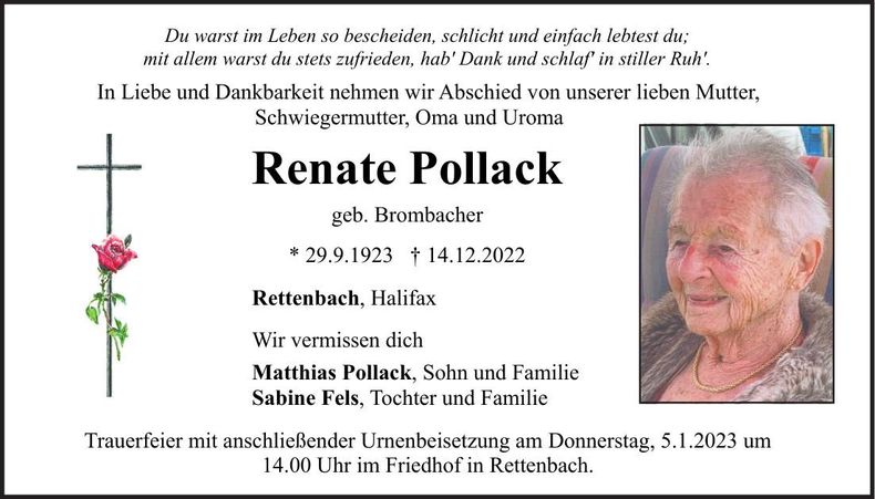 Traueranzeige Renate Pollack