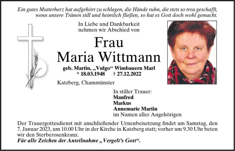 Traueranzeige Maria Wittmann