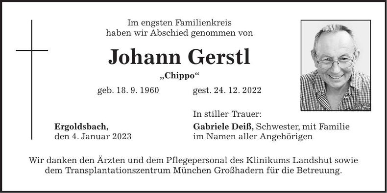Traueranzeige Johann Gerstl