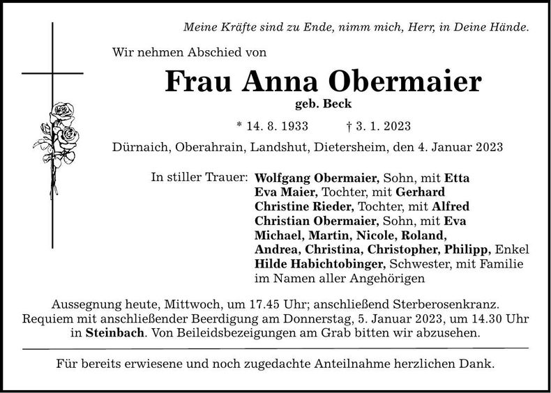 Traueranzeige Anna Obermaier