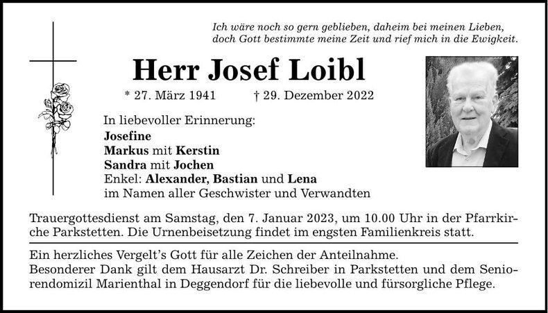 Traueranzeige Josef Loibl