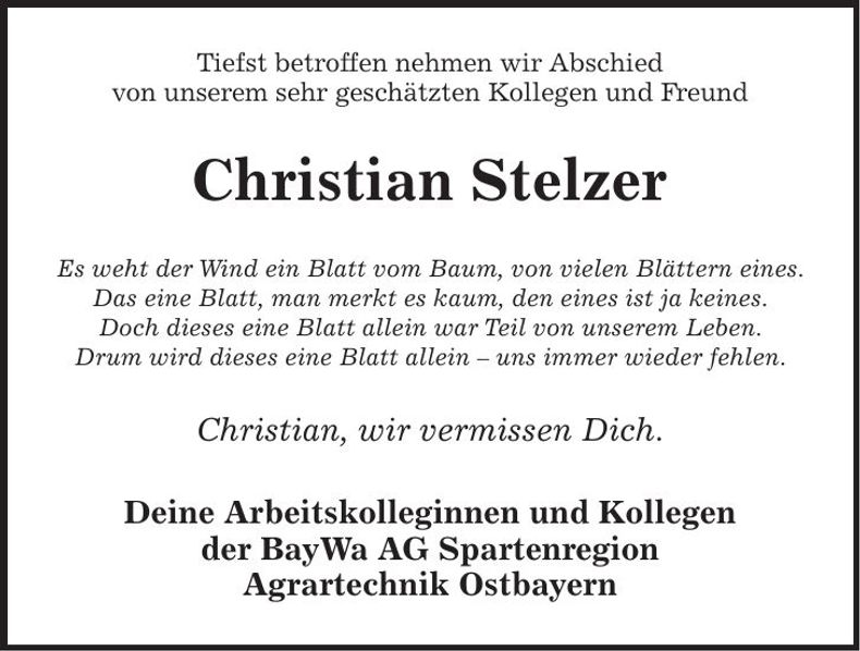 Traueranzeige Christian Stelzer