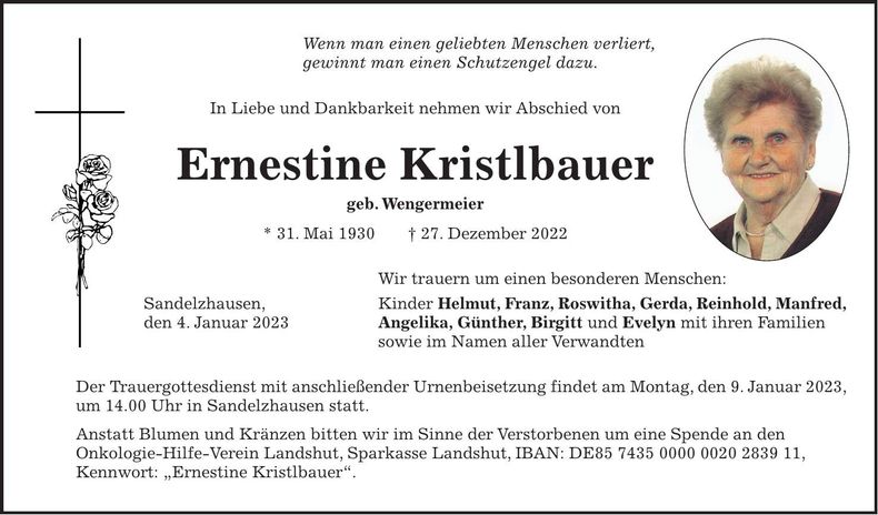 Traueranzeige Ernestine Kristlbauer