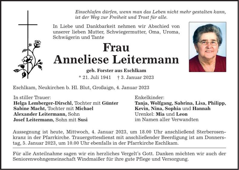 Traueranzeige Anneliese Leitermann