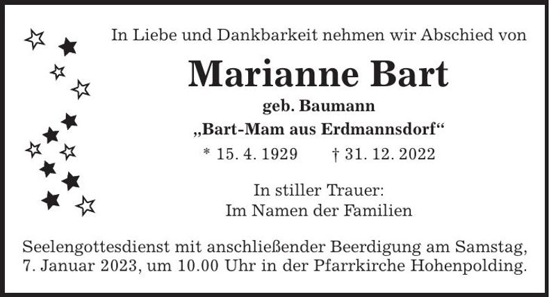 Traueranzeige Marianne Bart