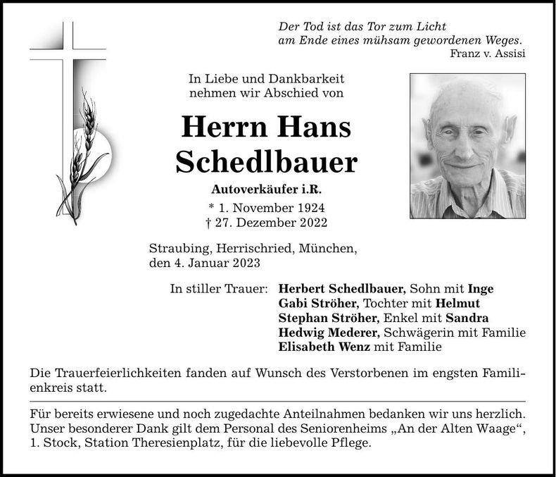 Traueranzeige Hans Schedlbauer
