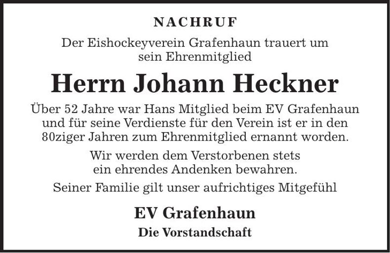 Traueranzeige Johann Heckner