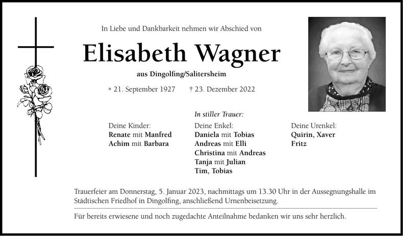 Traueranzeige Elisabeth Wagner
