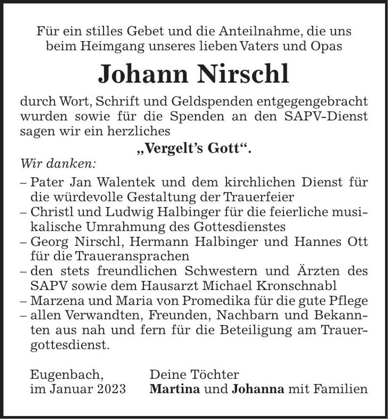 Traueranzeige Johann Nirschl