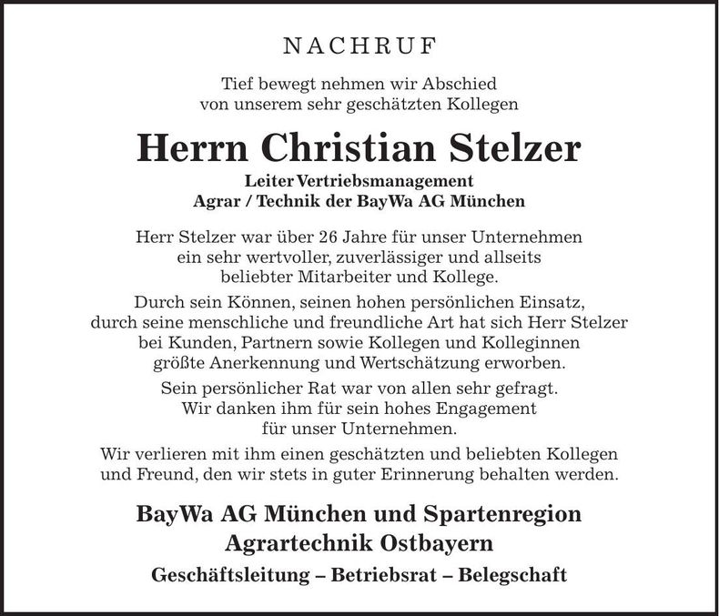 Traueranzeige Christian Stelzer