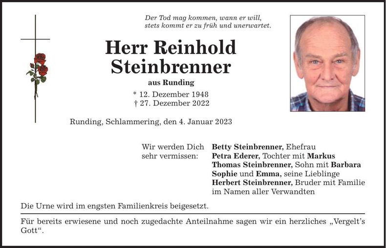 Traueranzeige Reinhold Steinbrenner