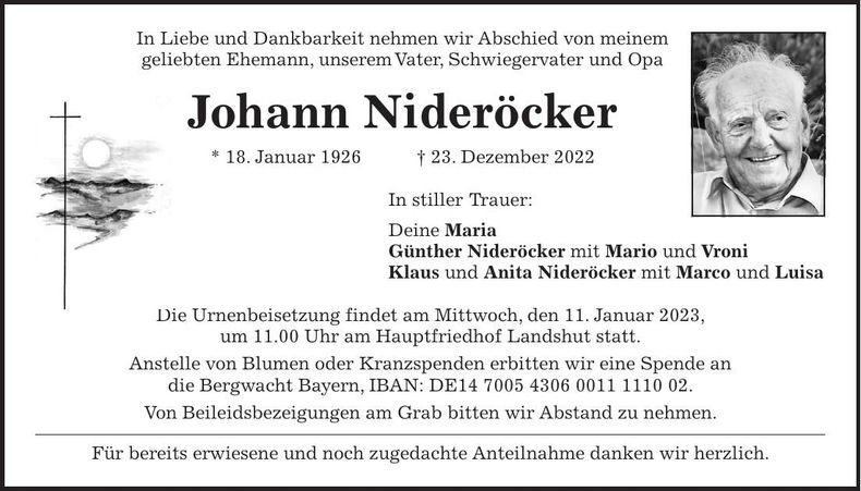 Traueranzeige Johann Nideröcker