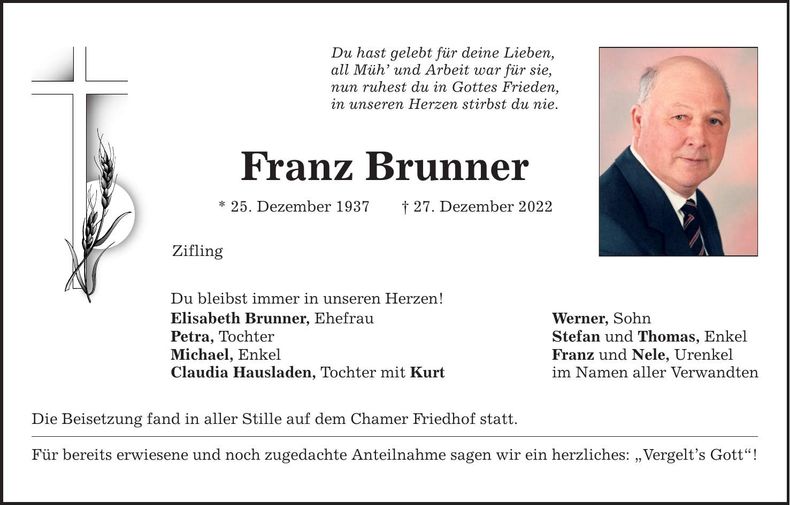 Traueranzeige Franz Brunner