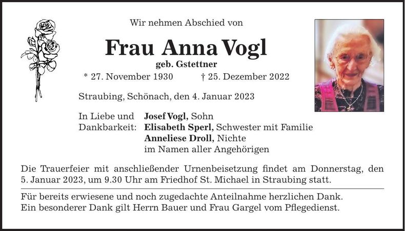 Traueranzeige Anna Vogl