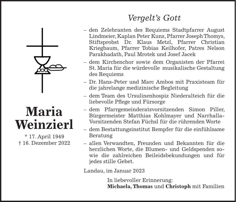 Traueranzeige Maria Weinzierl