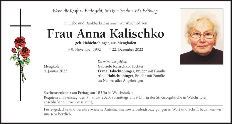 Traueranzeige Anna Kalischko