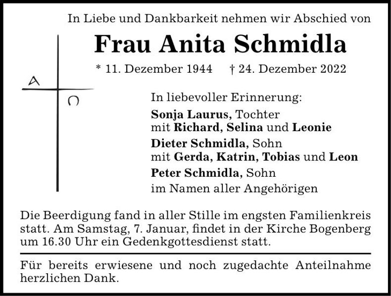 Traueranzeige Anita Schmidla