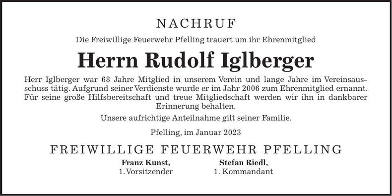 Traueranzeige Rudolf Iglbergber