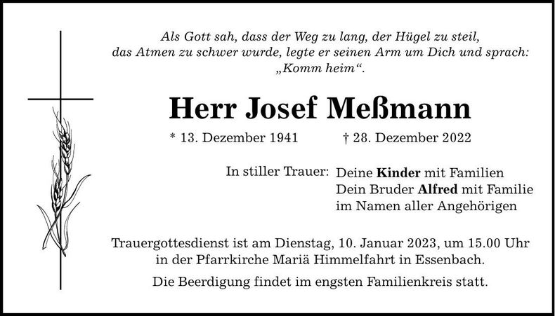 Traueranzeige Josef Meßmann
