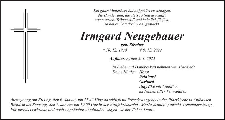 Traueranzeige Irmgard Neugebauer