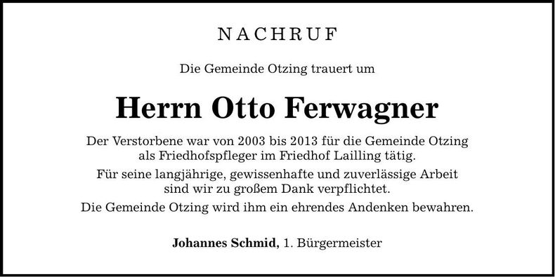 Traueranzeige Otto Ferwagner