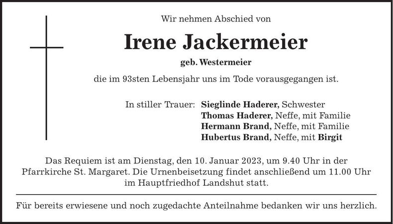 Traueranzeige Irene Jackermeier
