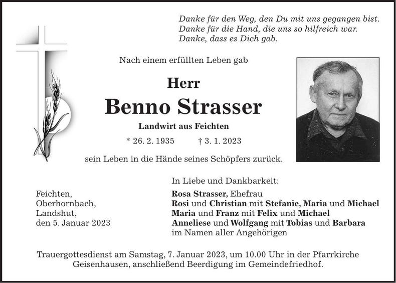Traueranzeige Benno Strasser