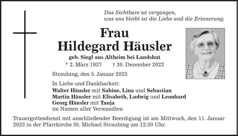 Traueranzeige Hildegard Häusler