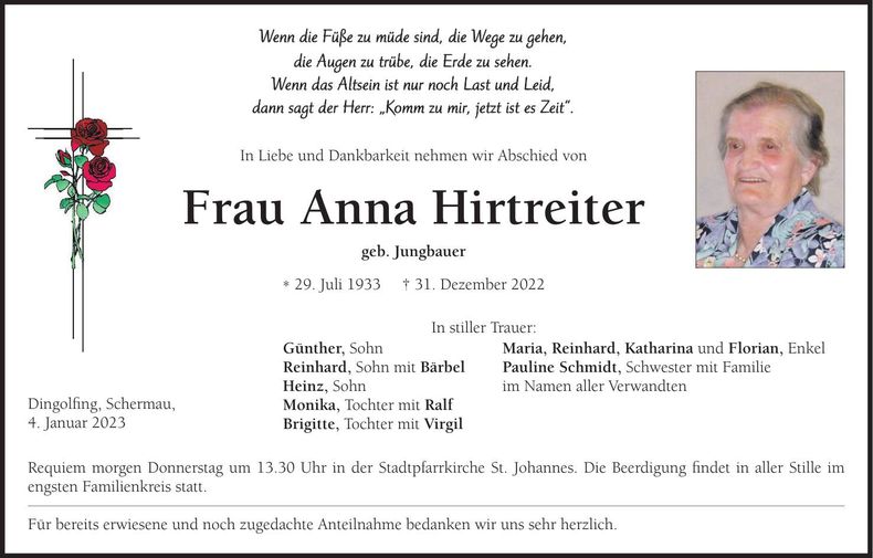 Traueranzeige Anna Hirtreiter