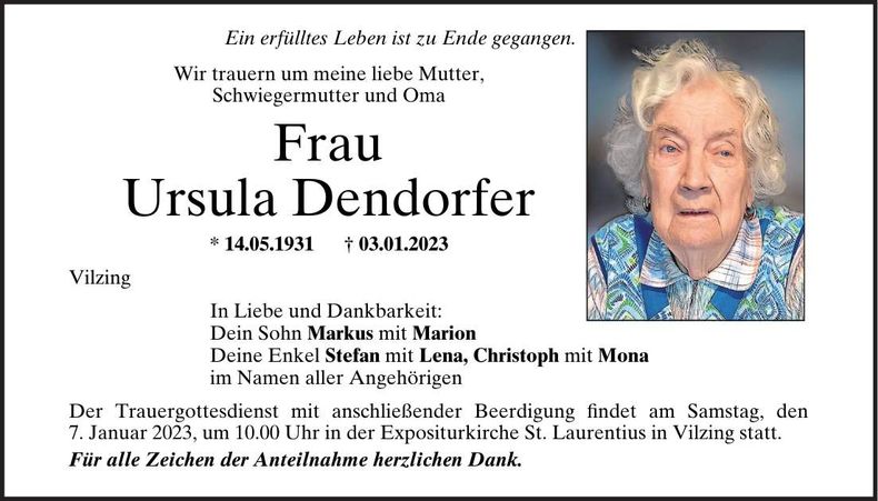 Traueranzeige Ursula Dendorfer