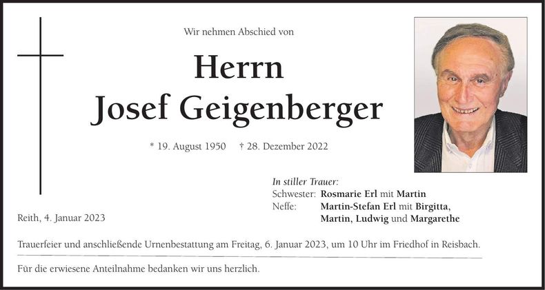 Traueranzeige Josef Geigenberger