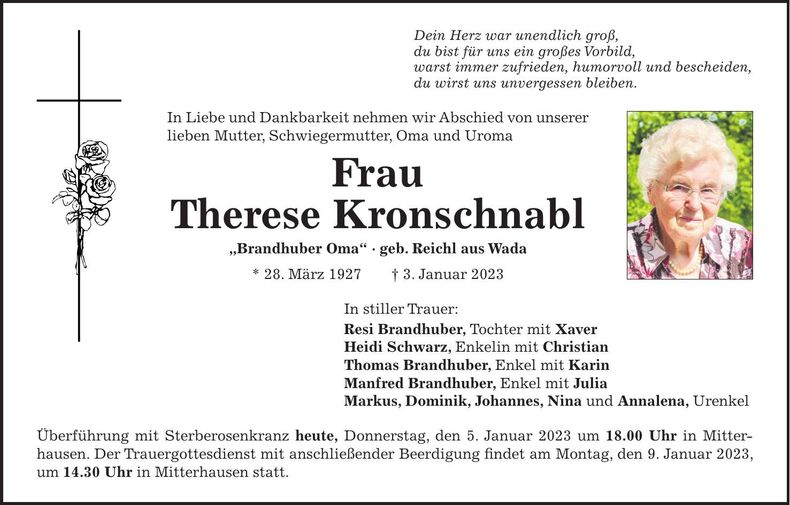 Traueranzeige Therese Kronschnabl