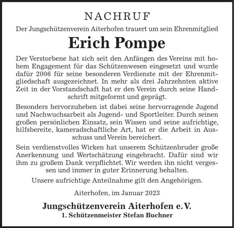 Traueranzeige Erich Pompe