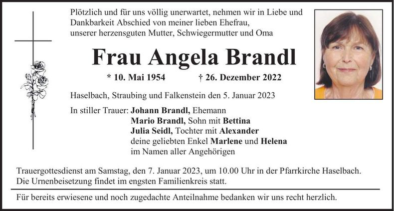 Traueranzeige Angela Brandl