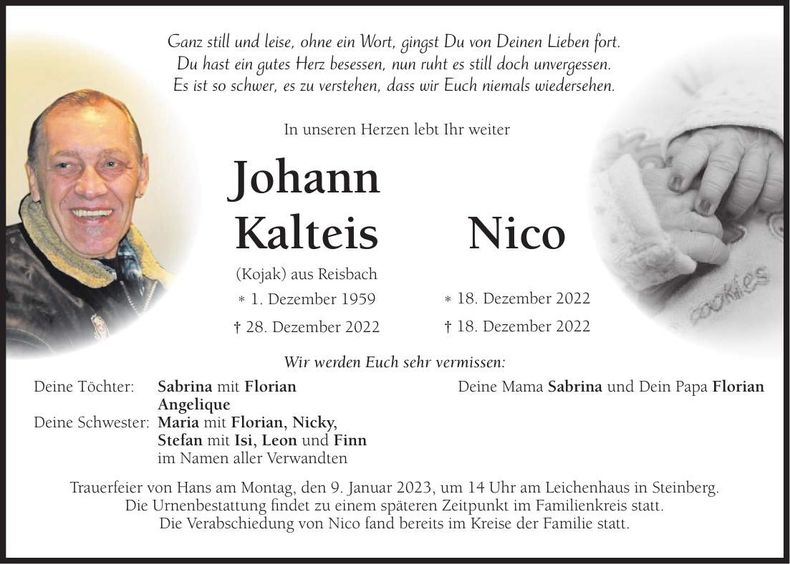 Traueranzeige Johann Kalteis