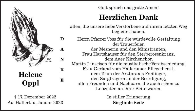 Traueranzeige Helene Oppl