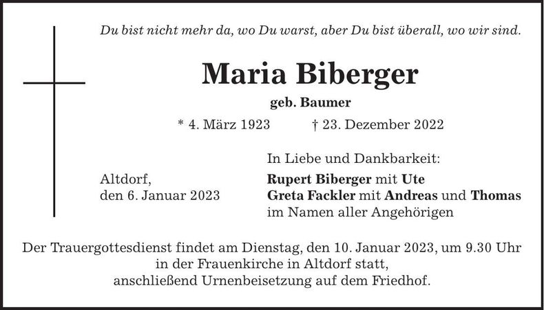 Traueranzeige Maria Biberger