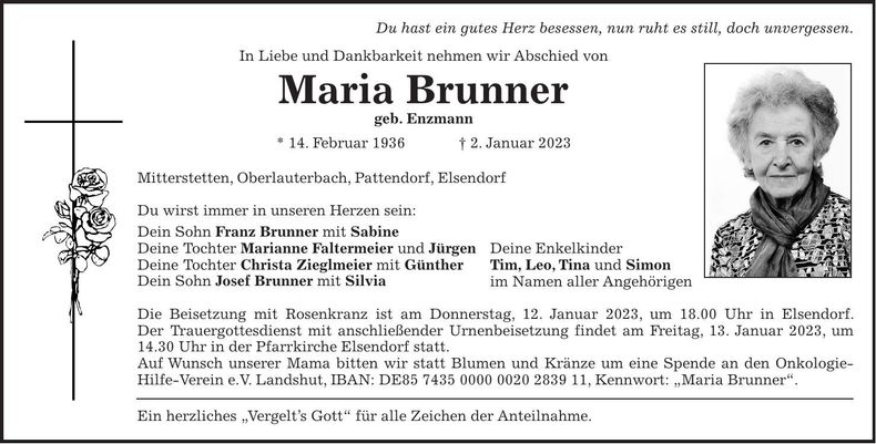 Traueranzeige Maria Brunner
